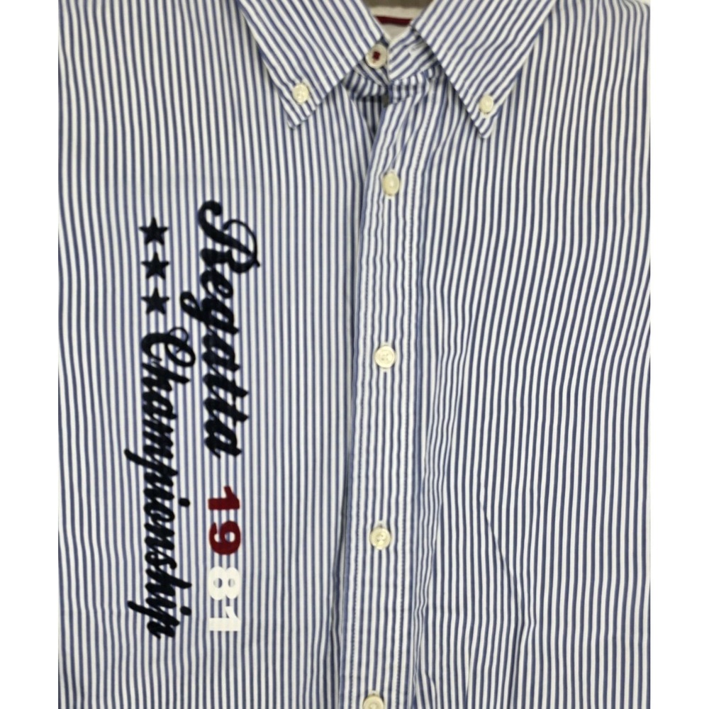 Y2K Stafford Prep Men XL ButtonUp Shirt Blue Striped Sailing Collegiate Flip Cuf - Picture 2 of 13